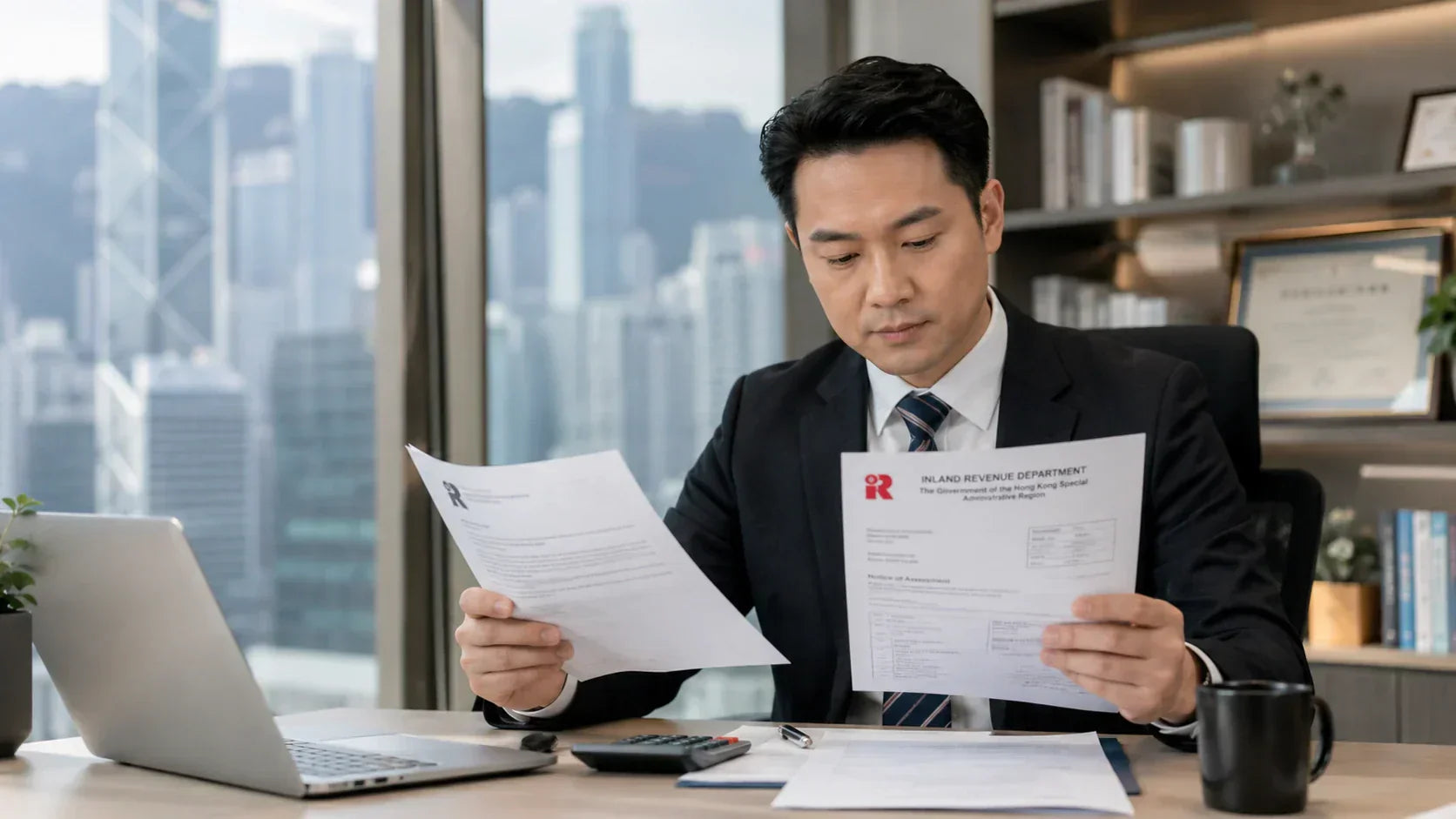 Asian businessman reviewing Hong Kong tax documents and official government letter at a modern office desk with laptop and calculator, assisted by SME Brother business and tax advisory services.